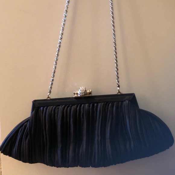 White House Black Market Handbags - WHBM BLACK CLUTCH satin with faux diamond clasp